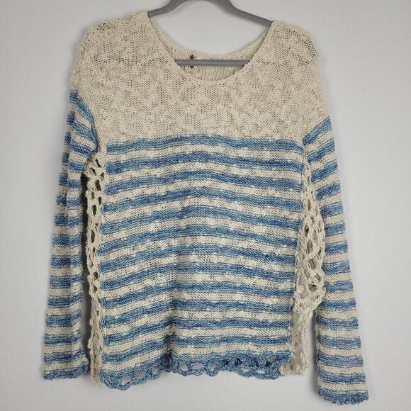 Free People Blue Cream Stripe Crochet Open Knit Sweater XS - Picture 2 of 9